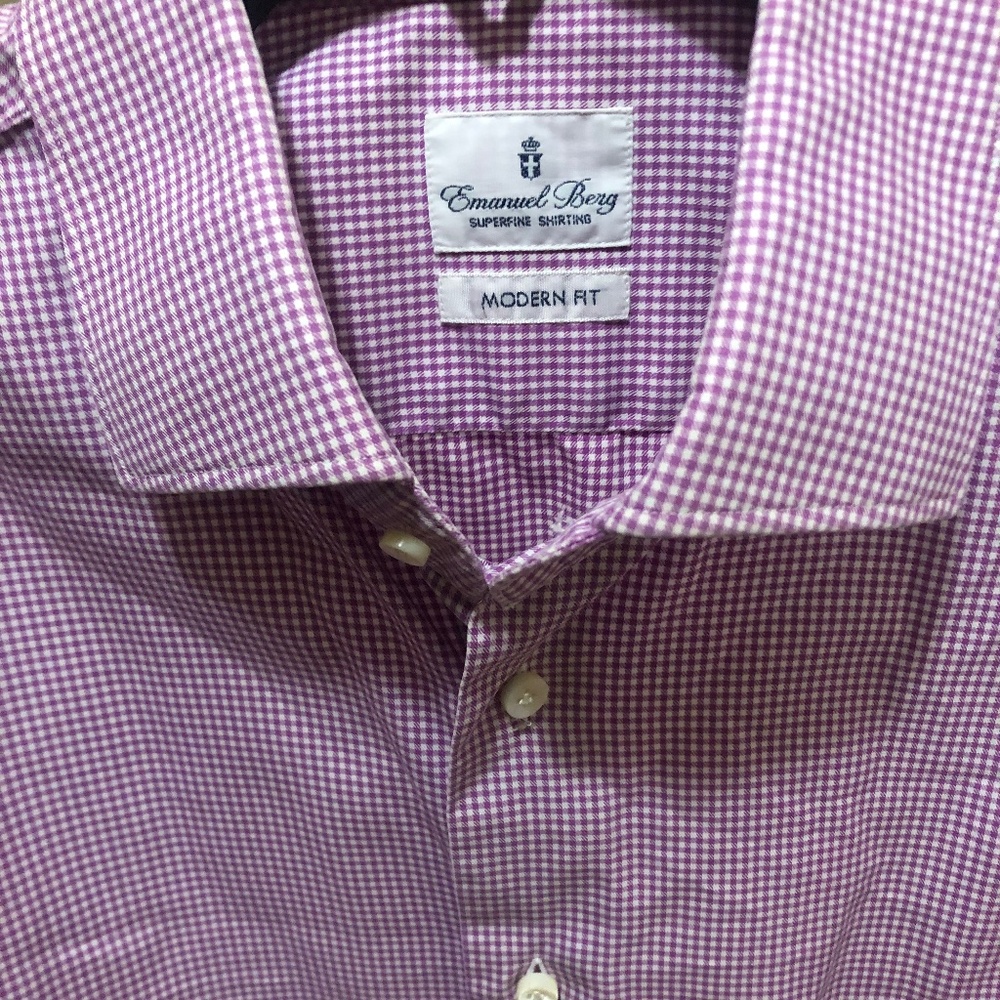Emanuel Berg Italian cotton men’s check shirt mauve white size 16 neck